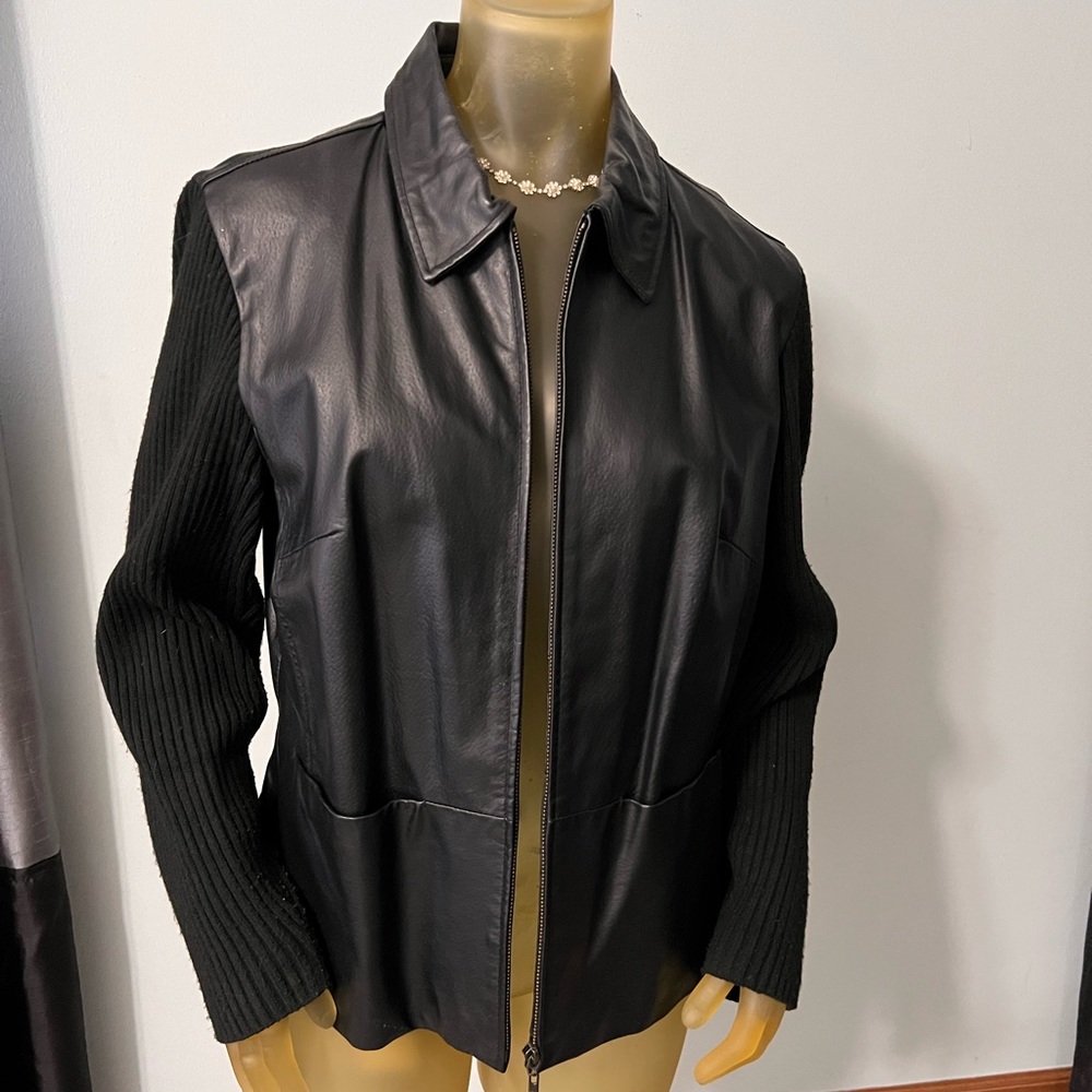 Black Leather Jacket with Knit Sleeves